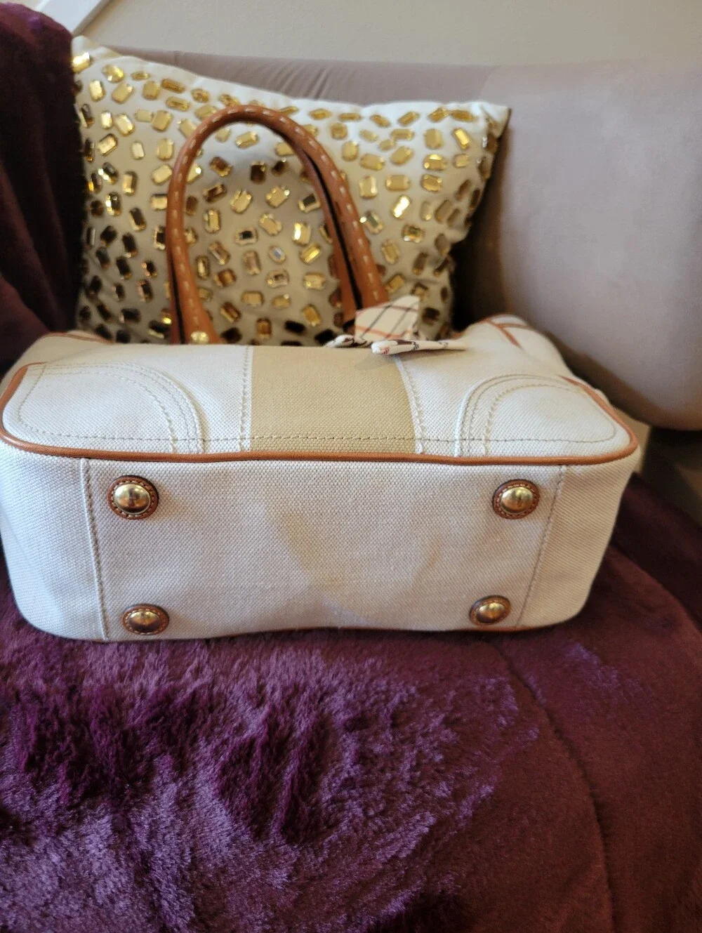 Coach Tattersal Silk Lining Leatherware Canvas Tote Bag in Beige with Tan Trim